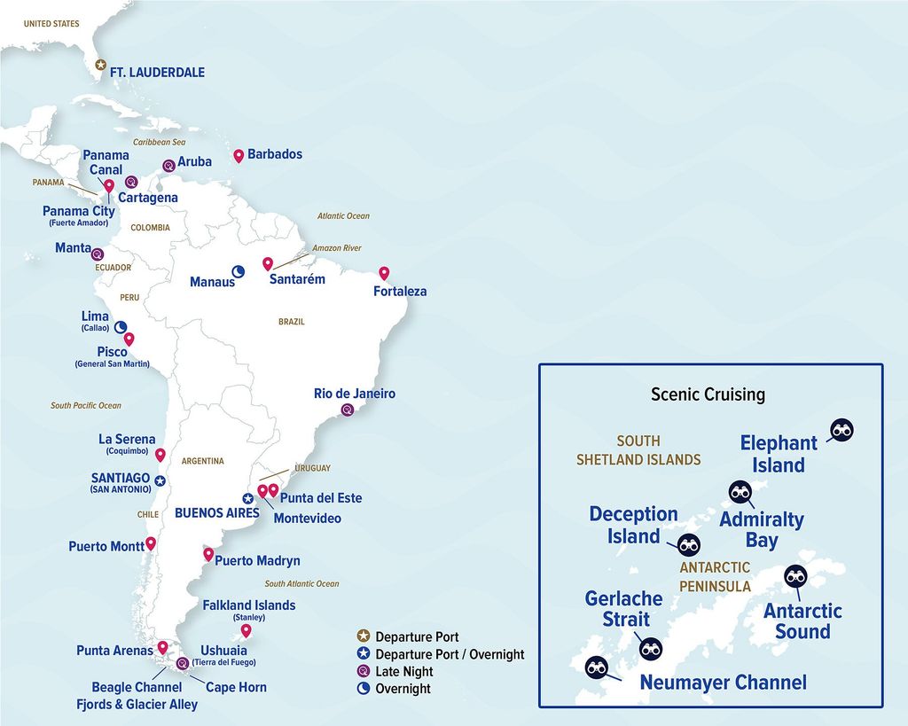 Map of Princess Cruises South America and Antarctica 2028-2029 voyages, with the Amazon River, Cape Horn and the Antarctic Peninsula