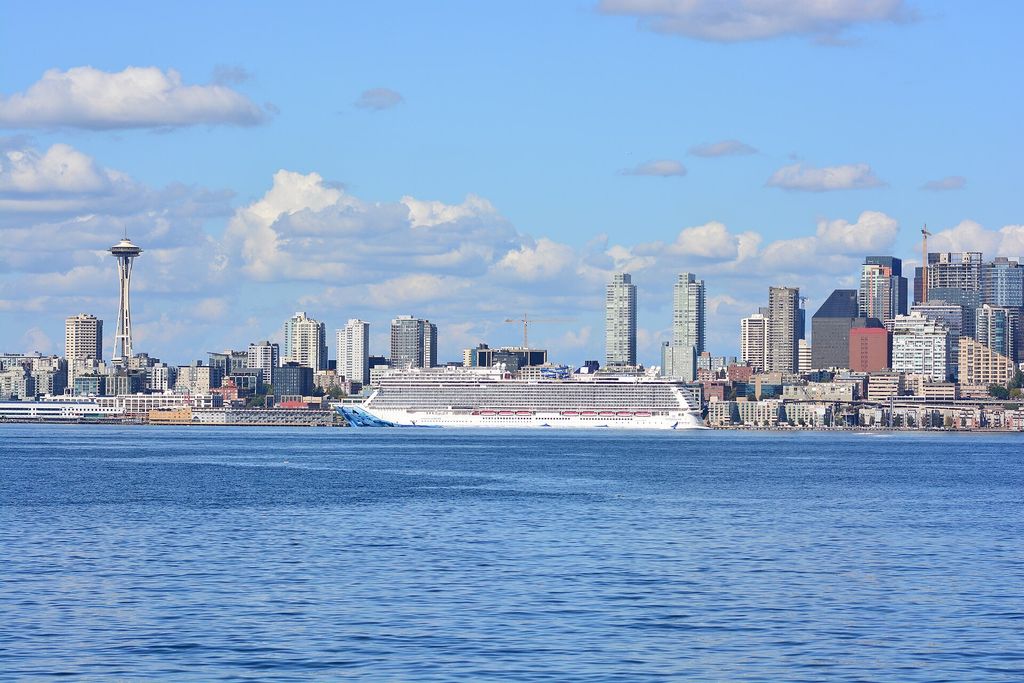 Seattle: A cruise ship docked at Seattle, with the Space Needle and downtown behind