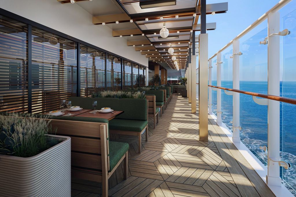 Rendering of the Eataly terrace on MSC World Asia, with tables along the rail and the sea alongside