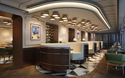 Rendering of the Eataly restaurant on MSC World Asia, with curved booths, a wine wall and a marble floor