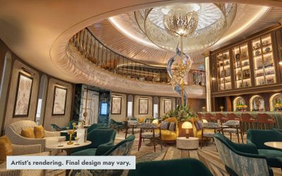 Rendering of Bar 1873 in Oosterdam's two-deck atrium, with an illuminated tulip sculpture over the lounge and a bar with display cabinets