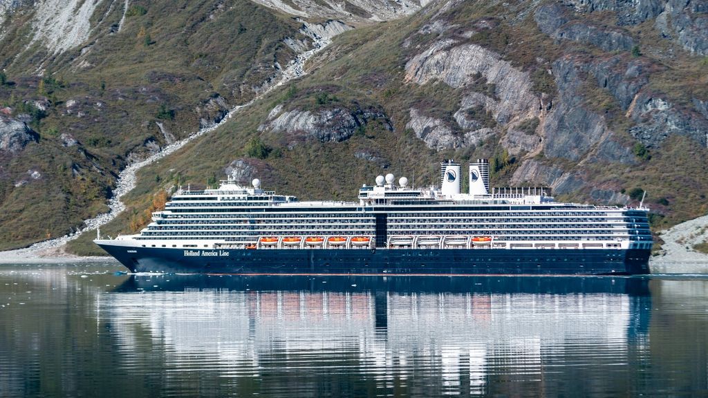 A cruise ship in a fjord in Glacier Bay, Alaska