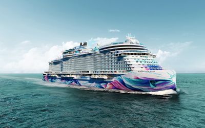 Rendering of Norwegian Aura at sea with her multicoloured hull art