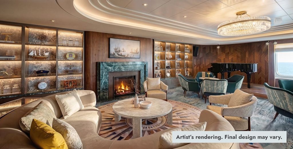 Rendering of a lounge with a green marble fireplace, display cabinets with ship models, a grand piano and a round compass-pattern rug