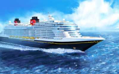 Rendering of Disney Imagination at sea, with a dark blue hull and red funnels